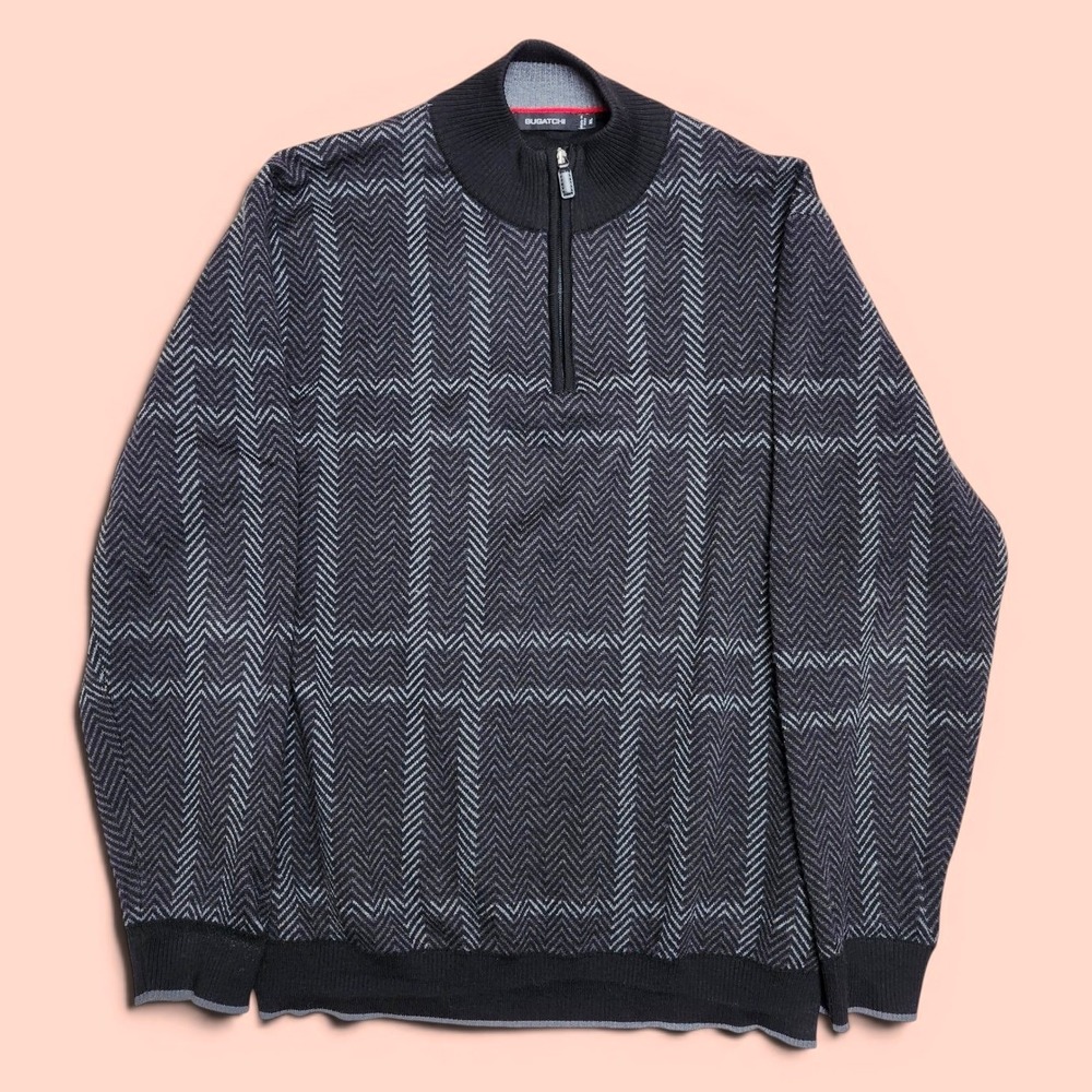 Bugatchi 100% Merino Wool Quarter Zip Sweater Mens XL Made in Italy Herringbone